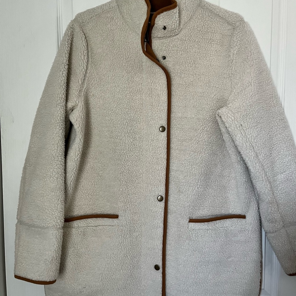 Old Navy Women's Cream Teddy Jacket with Brown Trim